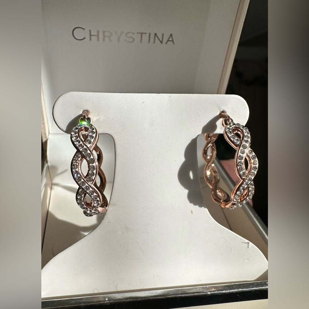 Elegant Rose Gold Twisted Crystal Hoop Earrings